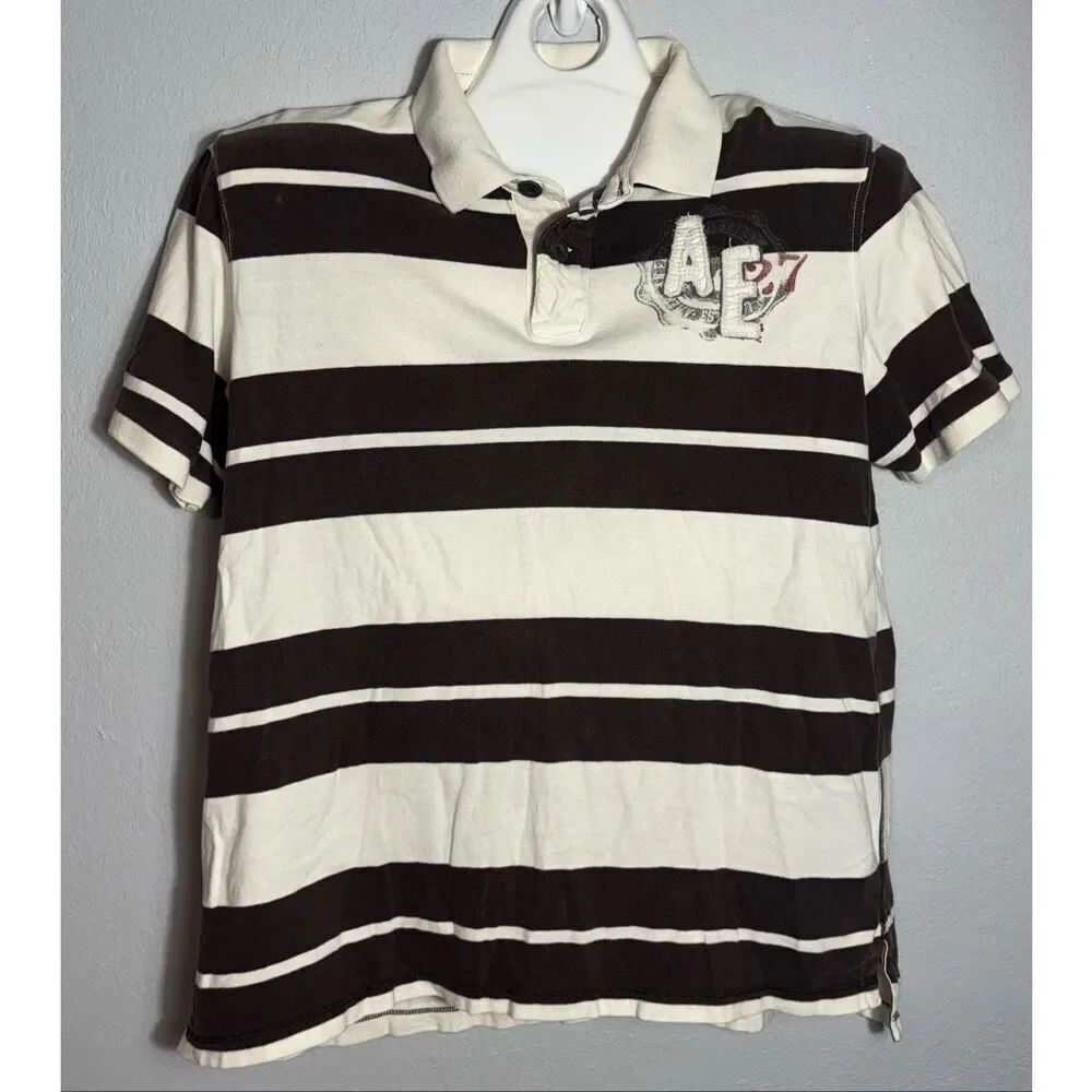 American Eagle Outfitters Mens Large Classic Fit Striped Collared Polo Shirt Y2K